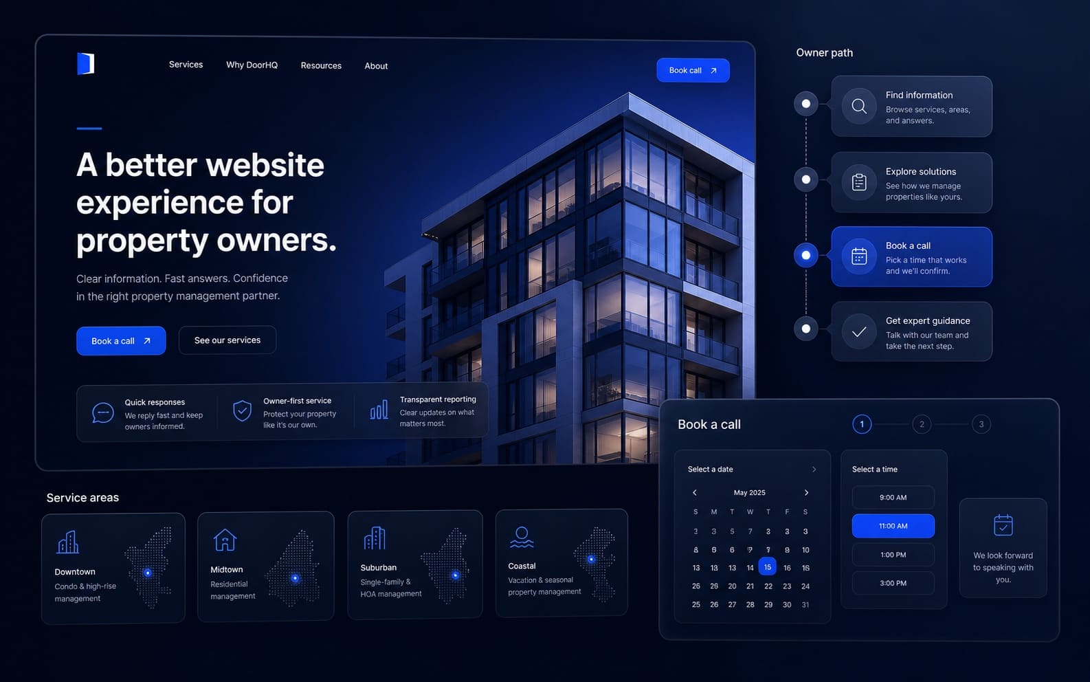 DoorHQ-style property management website interface with owner path and booking flow