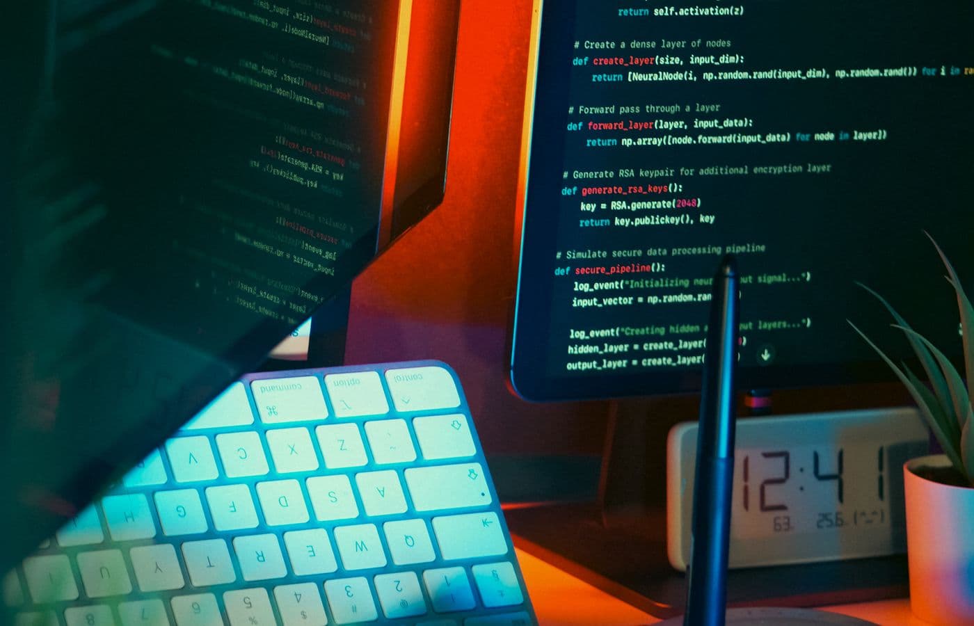 Colorfully lit computer workspace with code on multiple screens and an illuminated keyboard. Illustrative stock photograph.