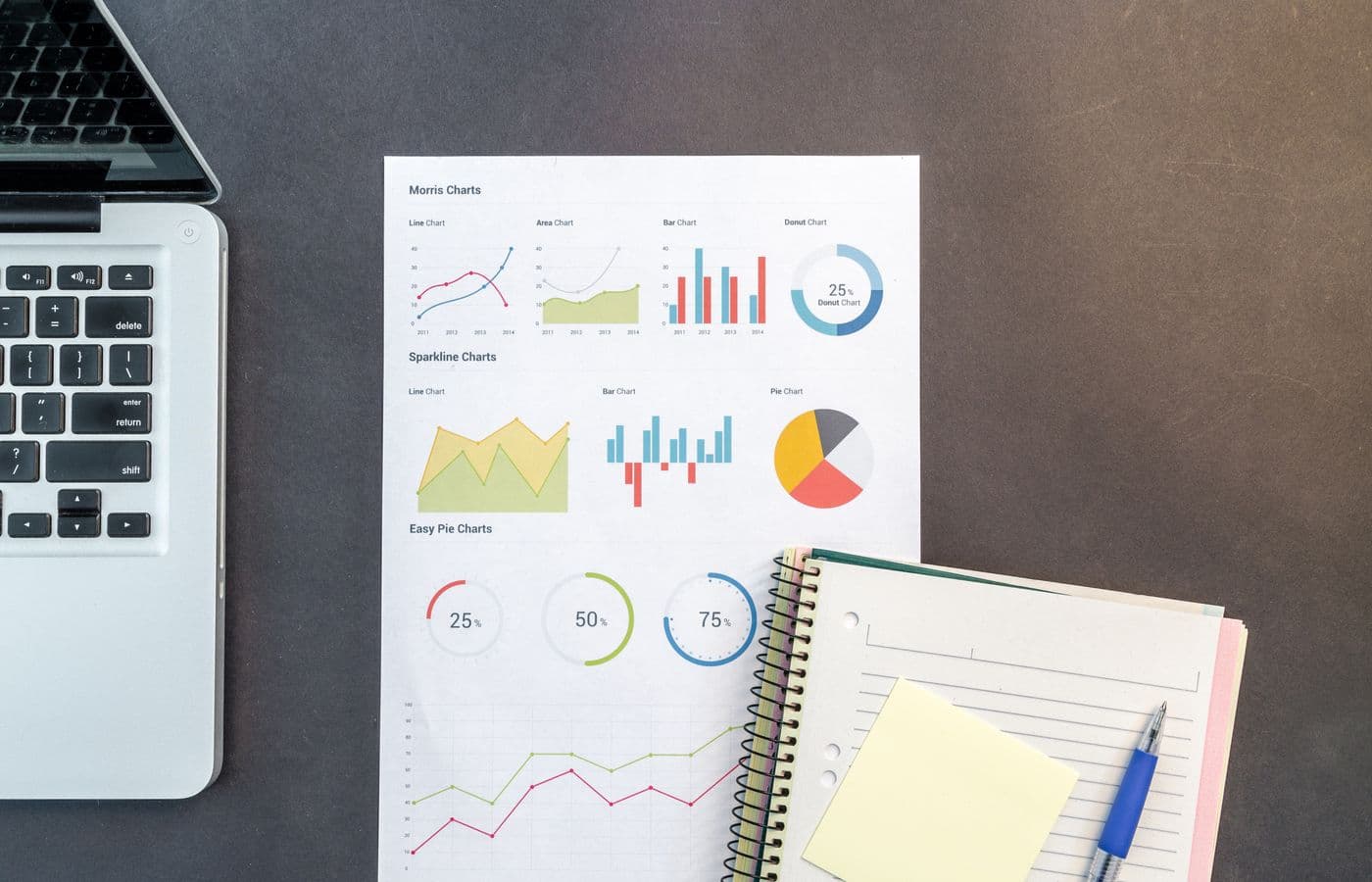 Printed charts and an open notebook beside a laptop on a research desk. Illustrative stock photograph.