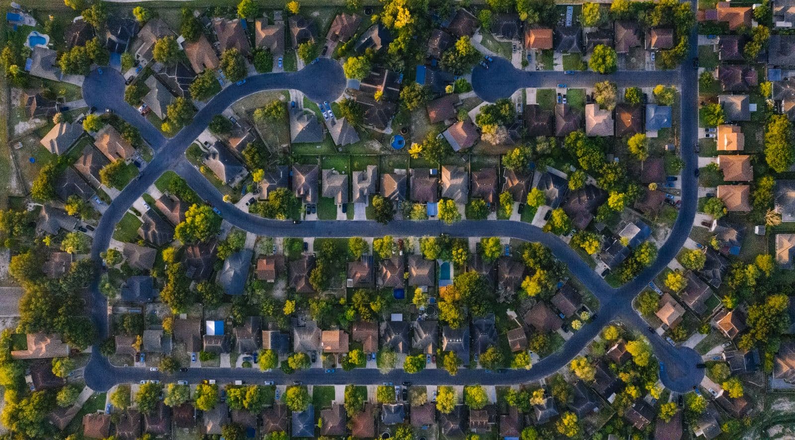 Aerial view of detached homes, tree-lined yards, and curving neighborhood streets. Illustrative stock photograph.